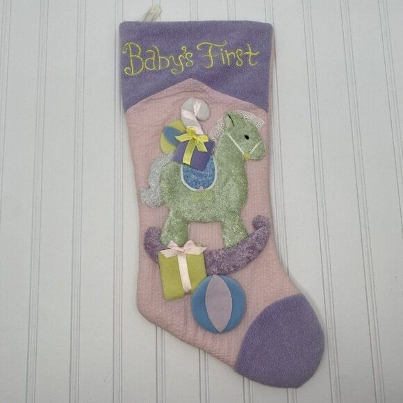 Baby’s First‎ Christmas Stocking Pink Pastel Rocking Horse Vintage 2003 18” - Picture 1 of 3